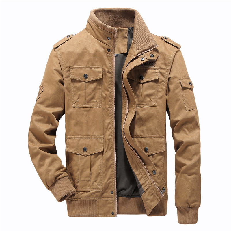 Men Fit Bomber Jacket Windbreaker Moto Street Coat Autumn Standing Collar plus Size Jacket Cotton Outdoor Loose Multi-Pocket Workwear Men's Coat