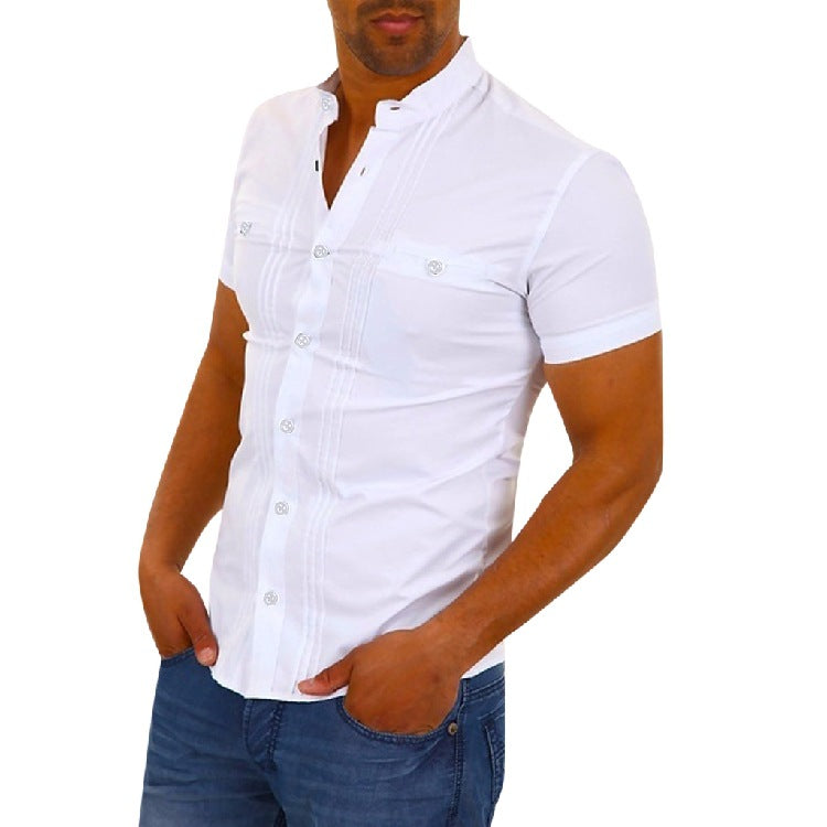 Men's Slim-Fit Fashion Double-Layer Wrinkle Stitching Solid Color Stand Collar Casual Short-Sleeved Shirt Men Shirt