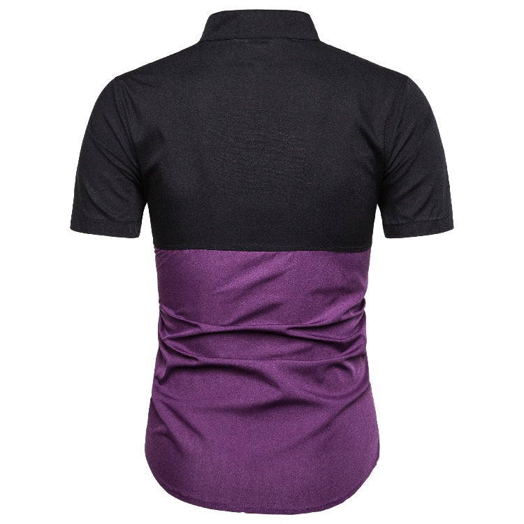 Men's Fashion Slim Stand Collar Color Matching Short Sleeve Casual Shirt Large Size Retro En Shirt