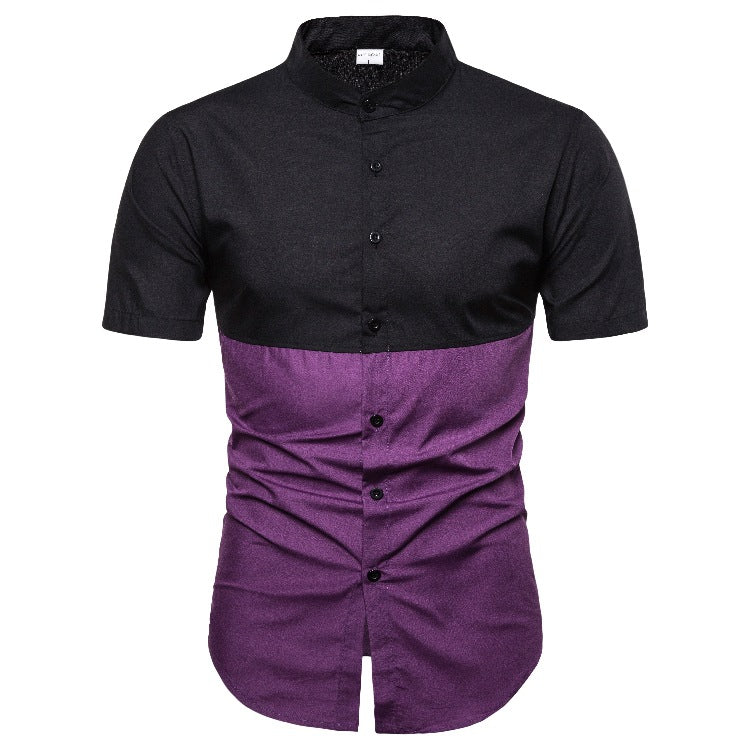 Men's Fashion Slim Stand Collar Color Matching Short Sleeve Casual Shirt Large Size Retro En Shirt