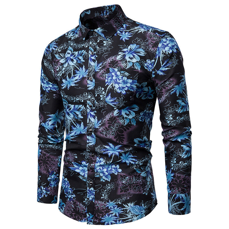 Men's Fashion Printed Large Size Casual Retro Sports Slim-Fit Long-Sleeved Shirt Men Shirt