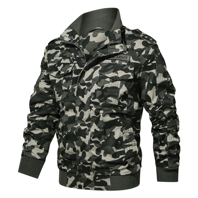 Men Fit Bomber Jacket Windbreaker Moto Street Coat Men's Camouflage Workwear Flight Jacket Men's Loose plus Size Casual Embroidery Badge Men's Coat