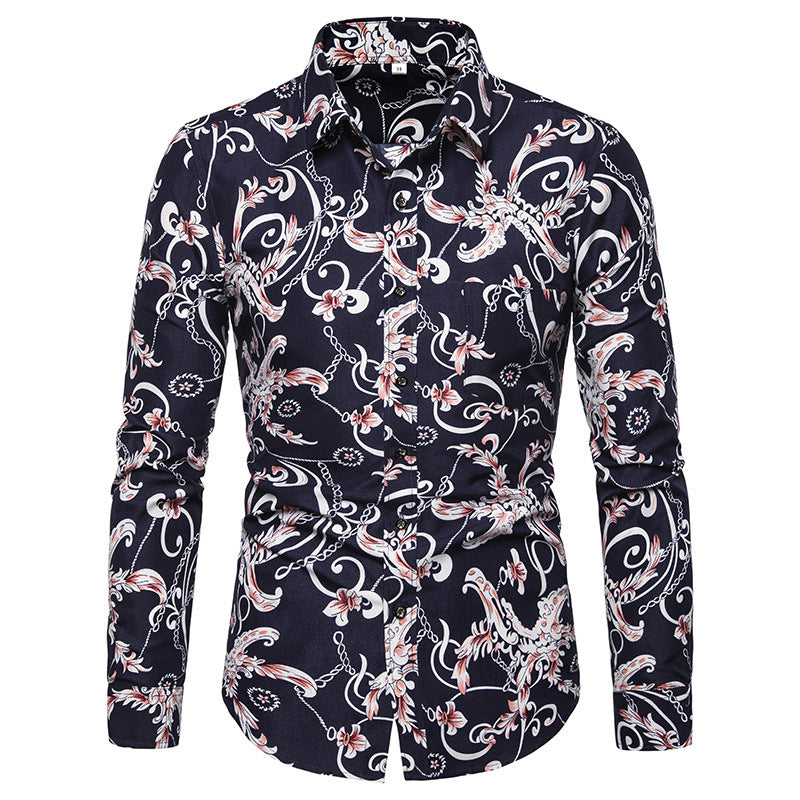 Men's Long Sleeve plus Size Retro Sports Fashion Slim Fit Large Flower Printed Casual Shirt Men Shirt