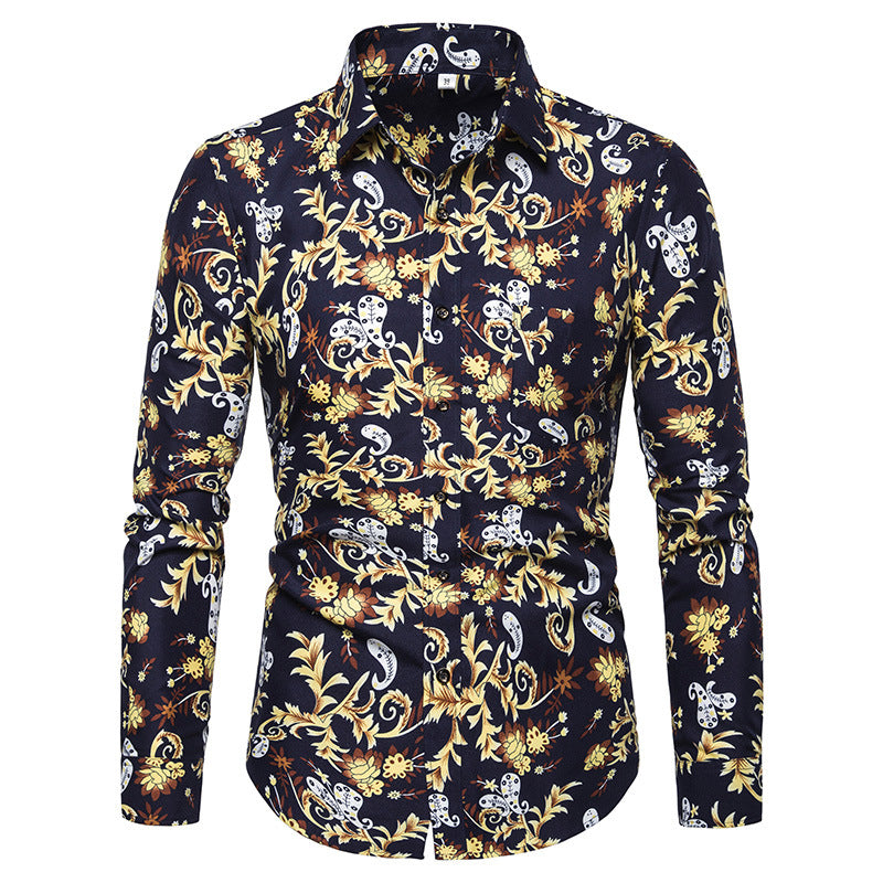 Men's Long Sleeve plus Size Retro Sports Fashion Slim Fit Large Flower Printed Casual Shirt Men Shirt
