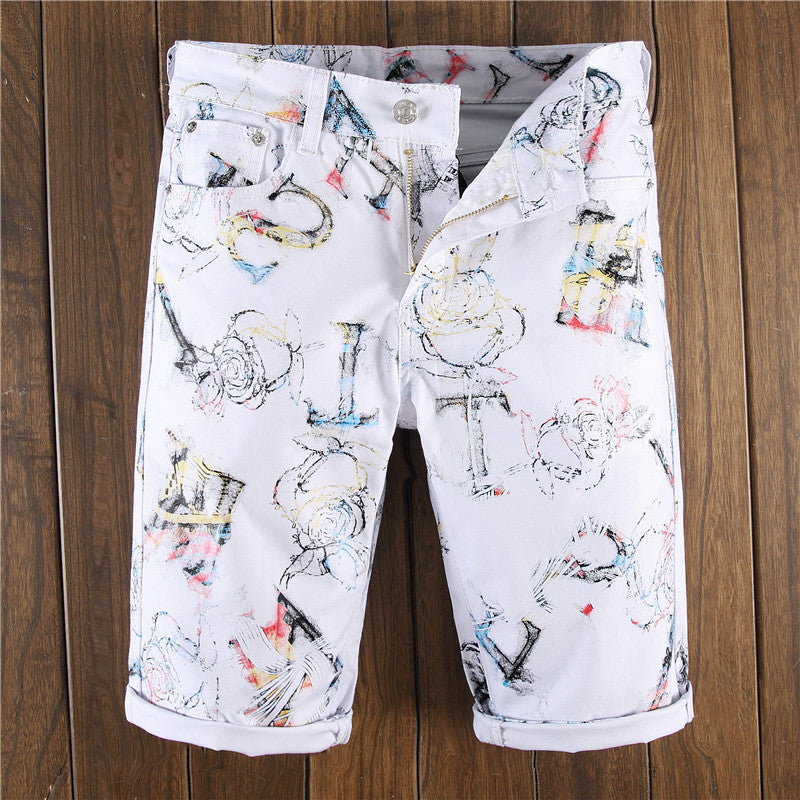 Built-in-Flex Jean Summer Cotton Elastic Printed Denim Pants Men's Slim Cropped Pants Jeans Shorts