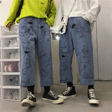 Anime Print Jeans Denim Pants Vintage Printed Jeans Baggy Straight Trousers