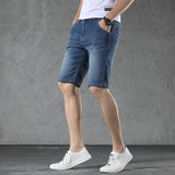 Summer Thin Light Blue Overknee Stylish Stone Washed Slim Fit Knee Length Jean Denim Short Elastic plus Size Straight Denim Shorts Male Big Size Men Jeans Shorts