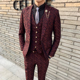 Burgundy Suit Men's Suit Set Fashion Slim Suit Three-Piece Groom Groomsman Dress