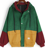 80's Colorful Leather Jacket Loose Color Matching Hooded Baseball Uniform Corduroy Overalls Women