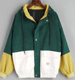 80's Colorful Leather Jacket Loose Color Matching Hooded Baseball Uniform Corduroy Overalls Women