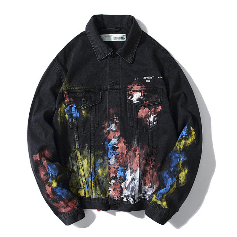 Arrow Denim Jacket Jean Coat Autumn And Winter Graffiti Fireworks Splashink Destruction Distressed Denim Casual Jacket Owt