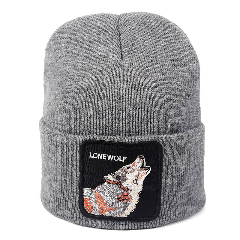 Wolf Print Cap Autumn Winter Embroidery Wolf Cock Animal Woolen Cap Slipover Knitted Hat