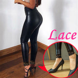 Faux Leather Pants Lace Edge PU Leather Pants Leggings Women's High Waist Women's Pants