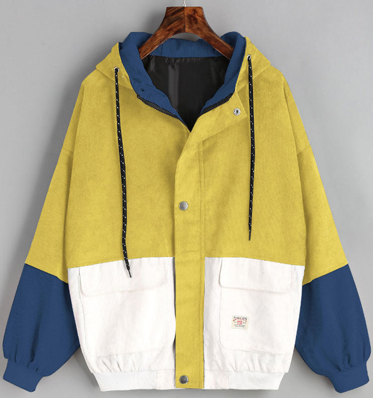 80's Colorful Leather Jacket Loose Color Matching Hooded Baseball Uniform Corduroy Overalls Women