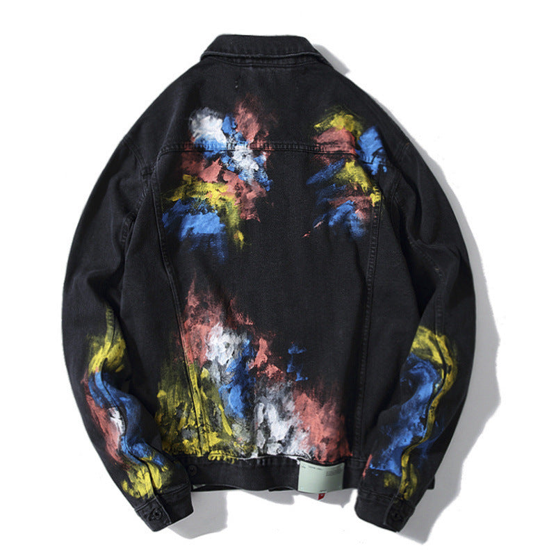 Arrow Denim Jacket Jean Coat Autumn And Winter Graffiti Fireworks Splashink Destruction Distressed Denim Casual Jacket Owt