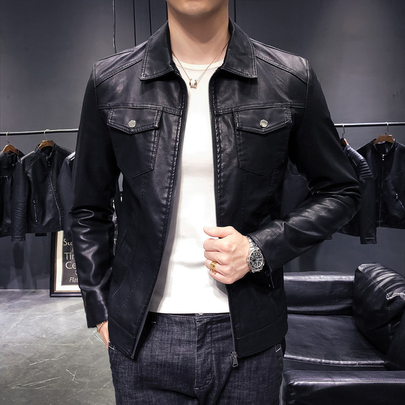 Autumn Simplicity Slim Lapel Motorcycle Leather Coat Men's Pu Jacket
