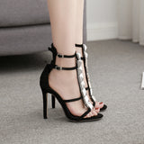 Black Strappy Heels Thin Strap Super High Heel Roman Shoes Catwalk Sandals