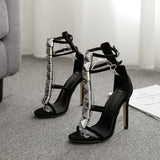 Black Strappy Heels Thin Strap Super High Heel Roman Shoes Catwalk Sandals