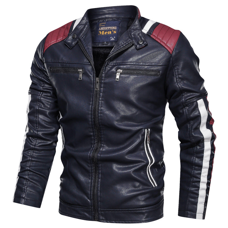 Color Matching Men's Leather Stand Collar Spring and Autumn Leather Youth Coat Men Pu Jakcet