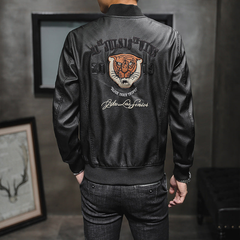 1970S East West Calfskin Motorcycle Jacket, Men's Autumn and Winter Leather Jacket Baseball Uniform Air Force Flight Suit