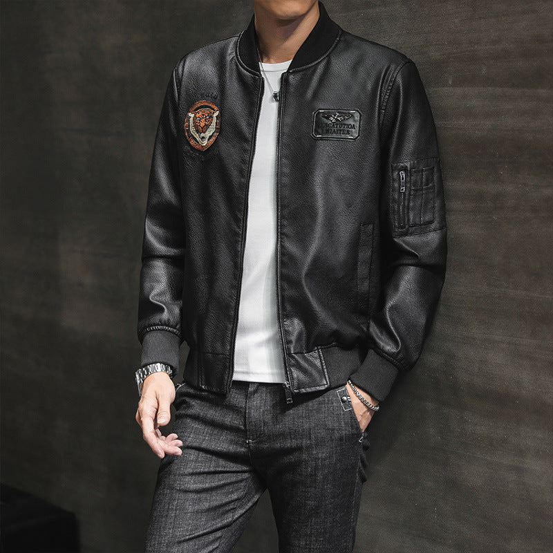 1970S East West Calfskin Motorcycle Jacket, Men's Autumn and Winter Leather Jacket Baseball Uniform Air Force Flight Suit