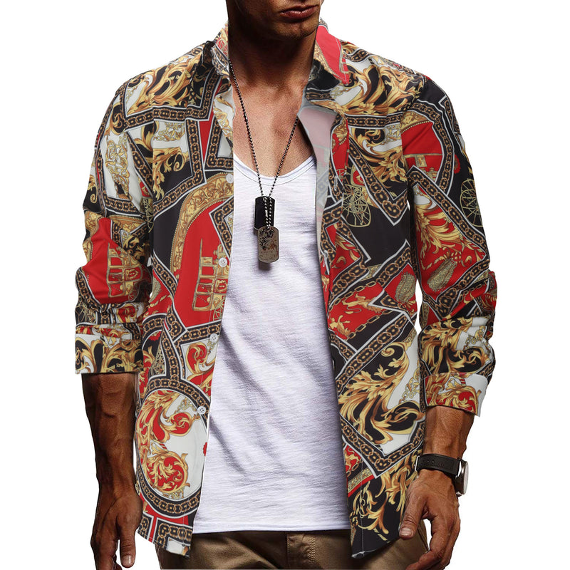 Men's Printed Long Sleeve Fashion Casual Shirt Large Size Retro Sports Men Shirt