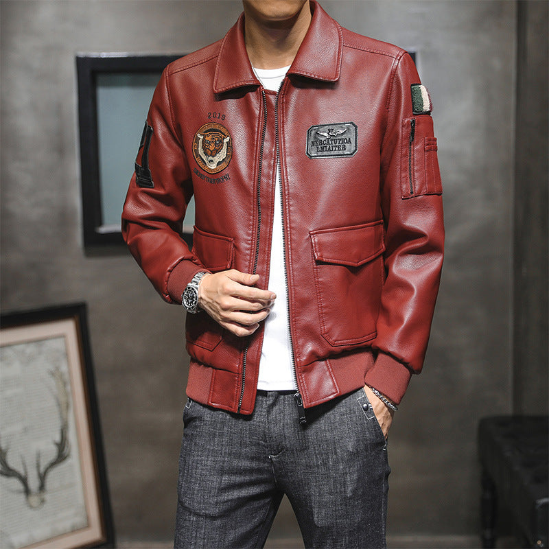 Hand Painted Leather Jackets Men 'S Leather Jacket Slim-Fitting Biker Lapel Leather Jacket Embroidery
