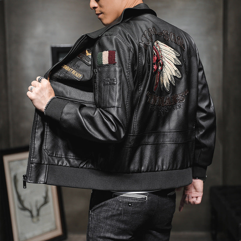 Hand Painted Leather Jackets Men Lapel Embroidery Motorcycle Clothing Spring and Autumn