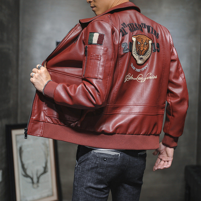 Hand Painted Leather Jackets Men 'S Leather Jacket Slim-Fitting Biker Lapel Leather Jacket Embroidery