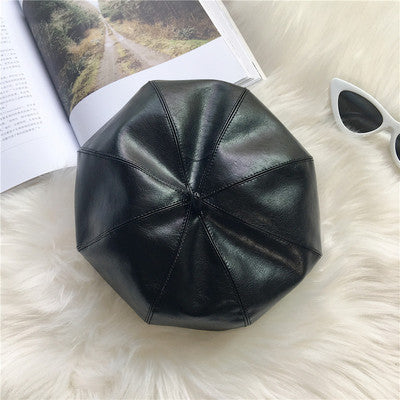 Beret Hat PU Leather Octagonal Cap Winter British Women Autumn and Winter