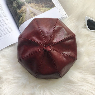 Beret Hat PU Leather Octagonal Cap Winter British Women Autumn and Winter