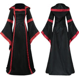 Red Peasant Dress Retro Hooded Dress Square Collar Lace up Bell Sleeve Swing Dress