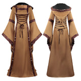 Red Peasant Dress Retro Hooded Dress Square Collar Lace up Bell Sleeve Swing Dress