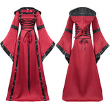 Red Peasant Dress Retro Hooded Dress Square Collar Lace up Bell Sleeve Swing Dress