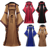 Red Peasant Dress Retro Hooded Dress Square Collar Lace up Bell Sleeve Swing Dress
