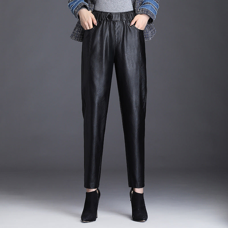Black Leather Pants Autumn and Winter Cropped Casual Pants Slim Fit Show Thin Black Skinny Pants
