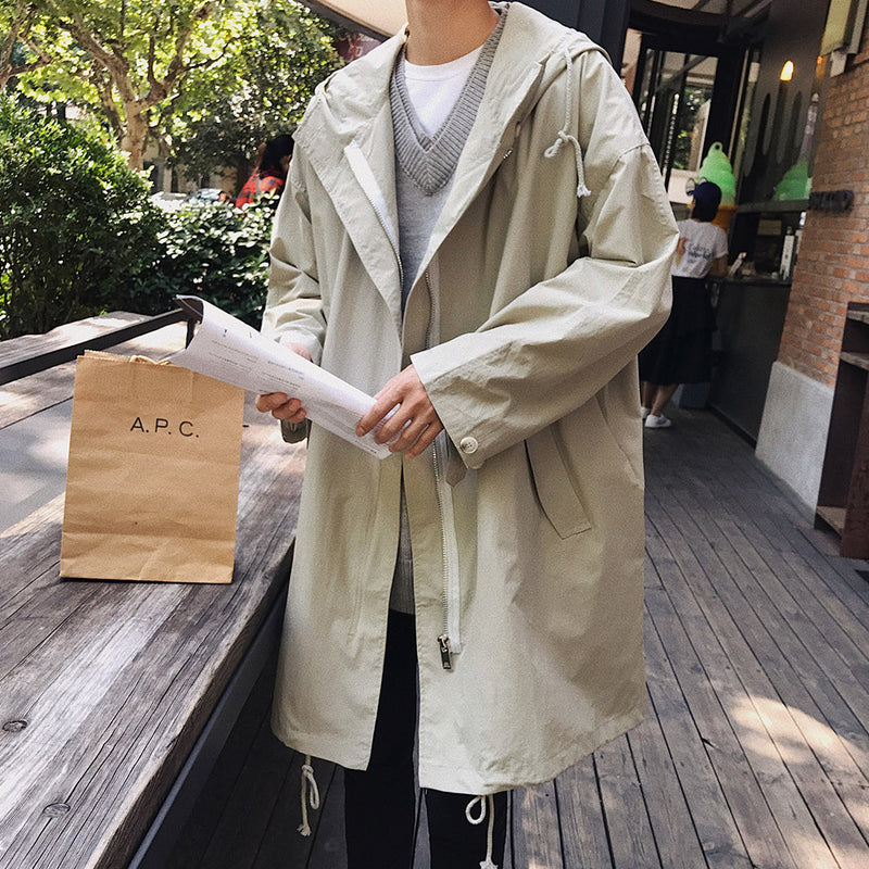 Men's Mid-Length Trench Coat Loose Hooded Thin Jacket Mid-Length Trendy Men's Casual Trench Coat Men Spring Trench Coat