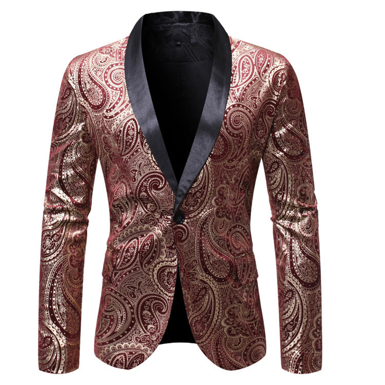 Men's Suit Bronzing Printed Men's Casual Contrast Color Green Collar One-Button Suit Men's Suits Jacket Men Blzer