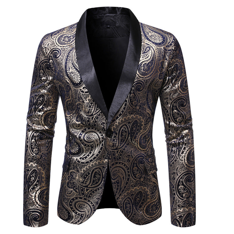 Men's Suit Bronzing Printed Men's Casual Contrast Color Green Collar One-Button Suit Men's Suits Jacket Men Blzer
