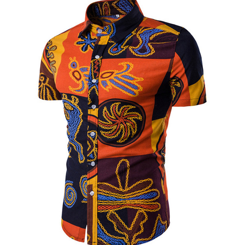 Men's Summer Large Size Retro Casual Short-Sleeved Shirt Slim-Fit Printed Shirt Men Shirt