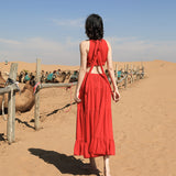 Red Peasant Dress Summer Women's Strap Dress Beach Dress Red Sleeveless Retro Embroidered Dress