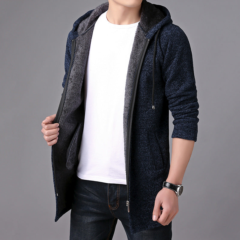 Men's Autumn and Winter Men's Fleece-Lined Thick Mid-Length Hooded Sweater Windbreaker Fashion Trend Casual Cardigan Coat Men Cardigan Sweater