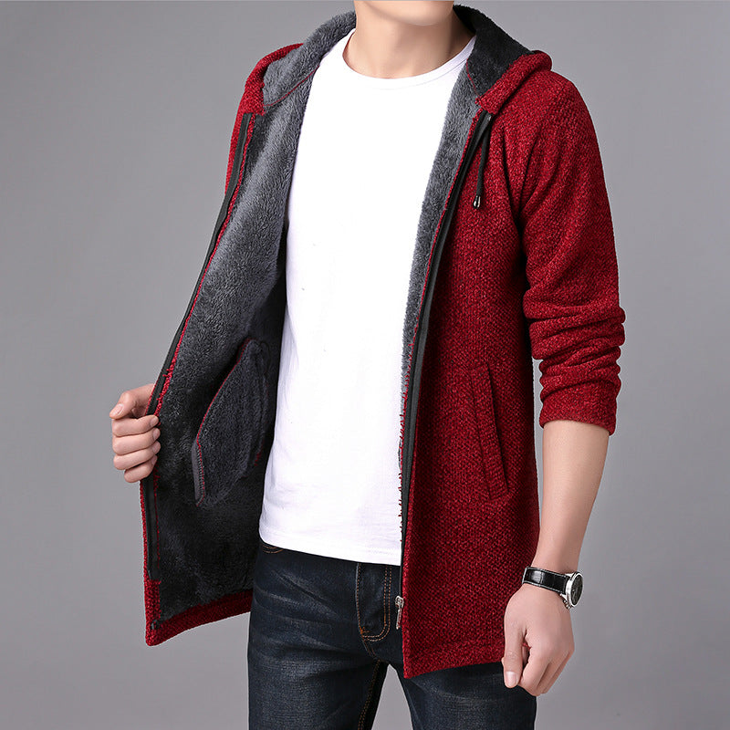 Men's Autumn and Winter Men's Fleece-Lined Thick Mid-Length Hooded Sweater Windbreaker Fashion Trend Casual Cardigan Coat Men Cardigan Sweater