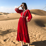 Red Peasant Dress Red Beach Dress Women's Seaside Holiday Desert Dress Summer