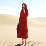 Red Peasant Dress Summer Desert Red Hooded Long Sleeve Big Hem Chiffon Fairy Dress Vacation Beach Dress
