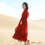 Red Peasant Dress Summer Desert Red Hooded Long Sleeve Big Hem Chiffon Fairy Dress Vacation Beach Dress