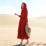 Red Peasant Dress Summer Desert Red Hooded Long Sleeve Big Hem Chiffon Fairy Dress Vacation Beach Dress