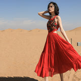 Red Peasant Dress Summer Women's Strap Dress Beach Dress Red Sleeveless Retro Embroidered Dress