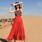 Red Peasant Dress Summer Women's Strap Dress Beach Dress Red Sleeveless Retro Embroidered Dress