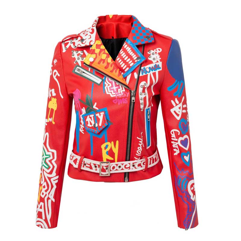 Azalea Wang Graffiti Moto Jacket Spring and Autumn Street Short Coat Lapel Slim-Fitting Biker Long Sleeve Graffiti Red Leather Coat for Women